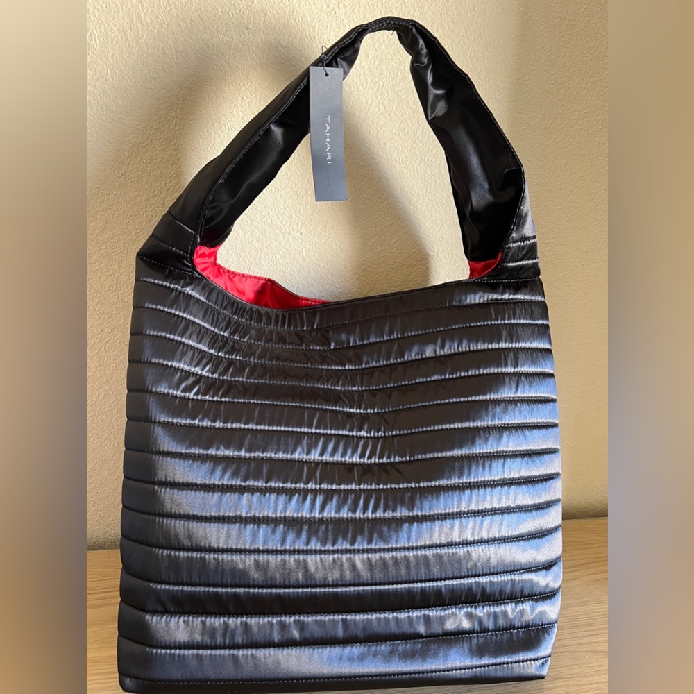 Tahari Black Nylon Quilted Hobo Bag NWT